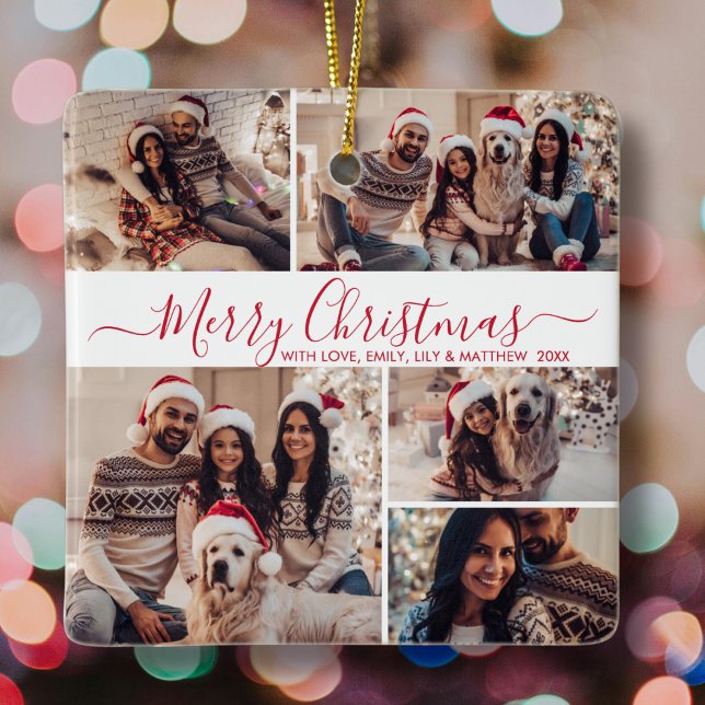 Ornement En Céramique Elégant Rouge Blanc 5 Photo Collage Noël (Créateur téléchargé)