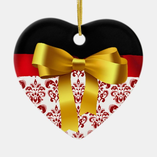 ORNEMENT EN CÉRAMIQUE ÉLÉGANT ROUGE BLANC DAMASK JAUNE RIBBON MONOGRAMME (Devant)