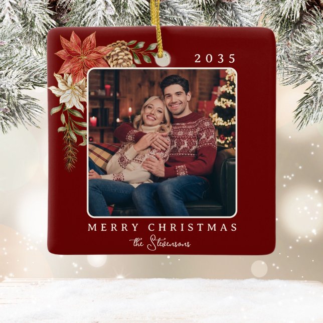 Ornement En Céramique Élégant Rouge foncé Joyeux Noël Poinsettia Photo (Créateur téléchargé)