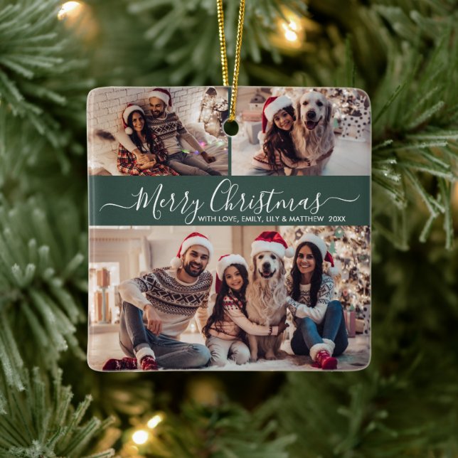 Ornement En Céramique Élégant Script 3 Photo Collage Vert Noël (Arbre)