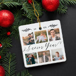 Ornement En Céramique Élégant Script de l'année supérieure 6 Grille phot<br><div class="desc">Envoyez un beau cadeau personnalisé qu'ils chériront. Un collage de photos personnalisées spéciales pour l'année senior pour montrer vos photos et souvenirs de famille spéciaux. Notre design comprend un design simple 6 photo collage grille avec "Cadeau Senior" conçu dans un style de script noir écrit à la main. Customisez le...</div>