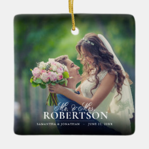 Ornement En Céramique Élégant script photo de Noël nouvellement marié