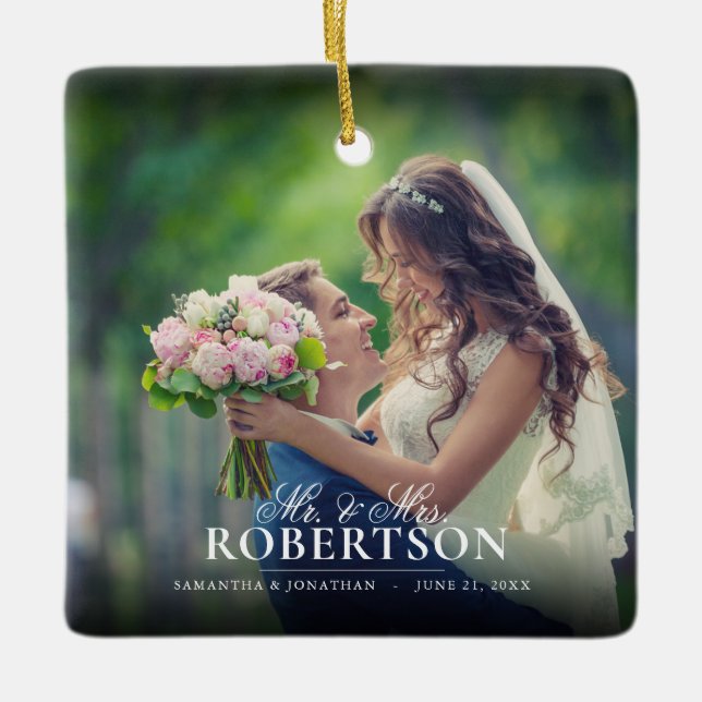 Ornement En Céramique Élégant script photo de Noël nouvellement marié (Devant)