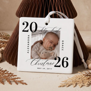 Ornement En Céramique Élégant Script Premier Noël Photo Bébé Personnalis