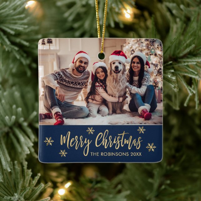 Ornement En Céramique Élégant Snowflake Navy et Gold Photo Noël (Arbre)