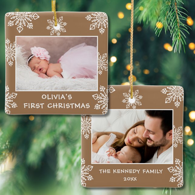 Ornement En Céramique Élégant Snowflakes 2 Photo Baby First Christmas (Créateur téléchargé)