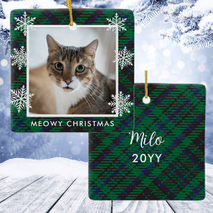 Ornement En Céramique Élégant Vert En vichy Chat Photo Meowy Noël