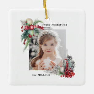 Ornement En Céramique Elégante aquarelle moderne photo florale de Noël
