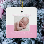Ornement En Céramique Élégante fille bébé nouveau-né Photo rose Noël<br><div class="desc">Une photo classique de petite fille faire-part de naissance ornement de Noël en rose joli avec une belle typographie cursive au-dessus de votre douce photo de nouveau-né. Customisez ce cadeau recto verso avec votre photo préférée de votre nouveau-né à donner aux nouveaux grands-parents ou parents. Ajoutez les statistiques de naissance...</div>