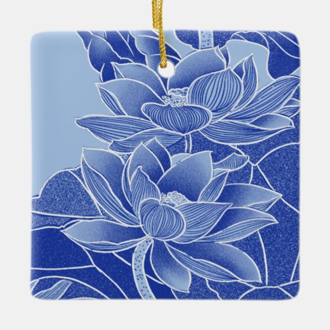 Ornement En Céramique Elégante Fleur Bleue Lotus Mandala Lily Chinoiseri (Devant)