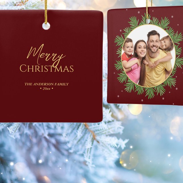 Ornement En Céramique Élégante photo botanique de Noël rouge Bourgogne (Créateur téléchargé)