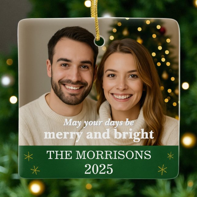 Ornement En Céramique Élégante photo de famille de flocon de neige vert  (Créateur téléchargé)