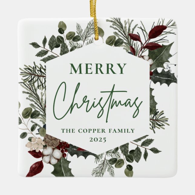 Ornement En Céramique Élégante verdure hivernale Photo Noël (Devant)