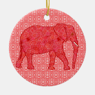 Ornement En Céramique Eléphant de fleurs - rouge profond et corail