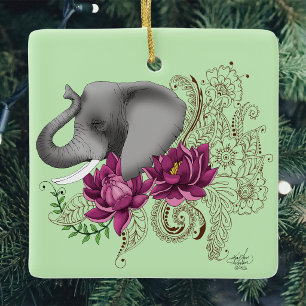 Ornement En Céramique Éléphant Floral Rose Lotus Henna Mandala Vert