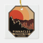 Ornement En Céramique Emblème rétro minimal du parc national Pinnacles<br><div class="desc">Conception de l'illustration vectorielle Pinnacles. Le parc est un parc national américain qui protège une zone montagneuse située à l'est de la vallée de Salinas en Californie centrale.</div>