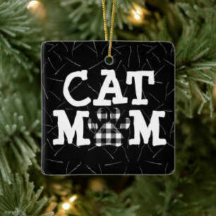 Ornement En Céramique Empreinte de patte de maman chat avec poils de cha