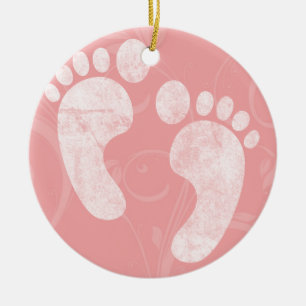 Ornement En Céramique Empreintes de pas roses/blanches de bébé