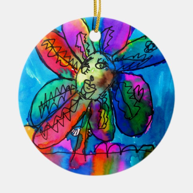 Ornement En Céramique Enfant fleur d'art rose et bleu stylo et encre (Devant)