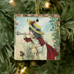 Ornement En Céramique Enfant victorien vintage, Fille soufflant Bugle Me