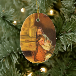 Ornement En Céramique Enfants de Noël Vintage en attente du Père Noël