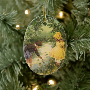 Ornement En Céramique Enfants d'époque, garçon et fille jouant au ruisse