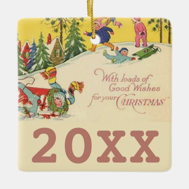 Ornement En Céramique Enfants en traîneau sur la colline enneigée - look (Devant)