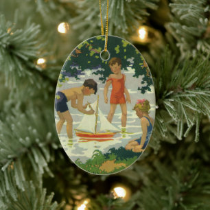 Ornement En Céramique Enfants vintages Jouer Jouet Bateaux à voile Étang