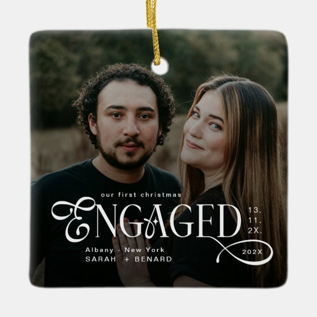 Ornement En Céramique Engaged Couples 2 Photos Stylish First Christmas (Devant)