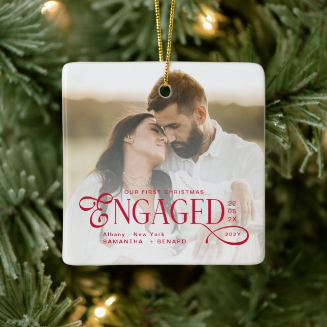 Ornement En Céramique Engaged Couples 2 Photos Stylish First Christmas (Arbre)