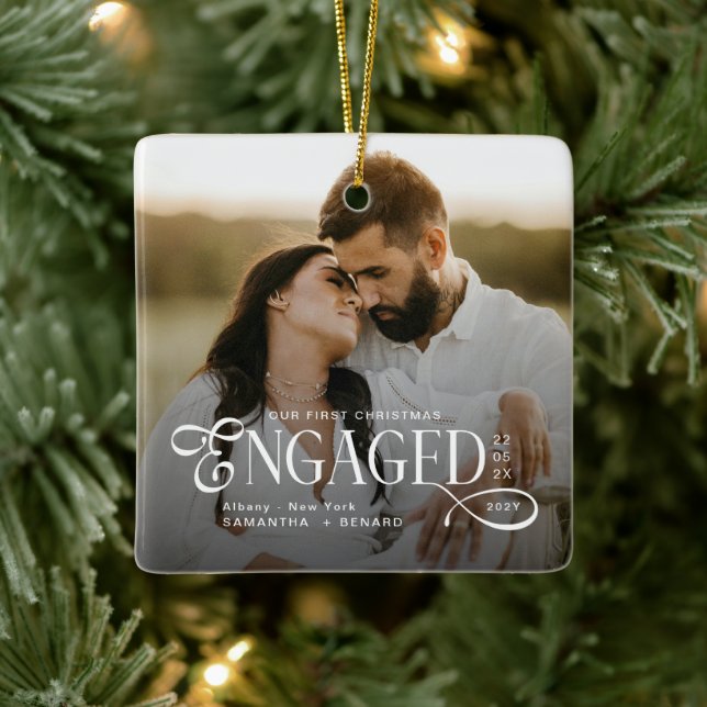 Ornement En Céramique Engaged Couples 2 Photos Stylish First Christmas (Arbre)
