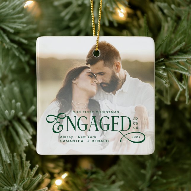 Ornement En Céramique Engaged Couples 2 Photos Stylish First Christmas (Arbre)