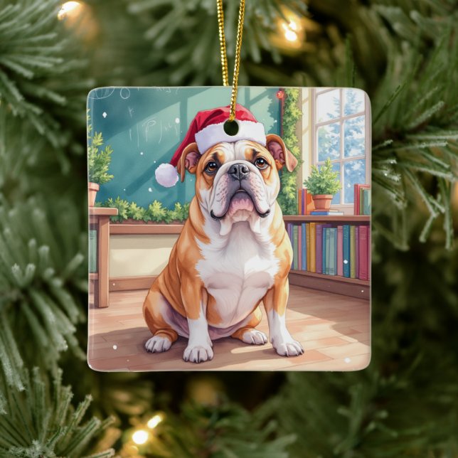 Ornement En Céramique English Bulldog Teacher Classroom Santa Hat (Arbre)