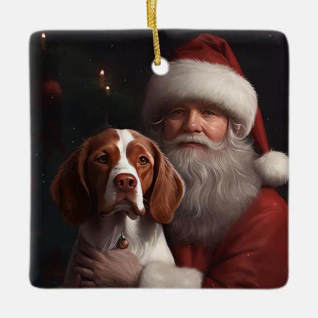 Ornement En Céramique Épagneul breton avec le Père Noël Noël (Devant)