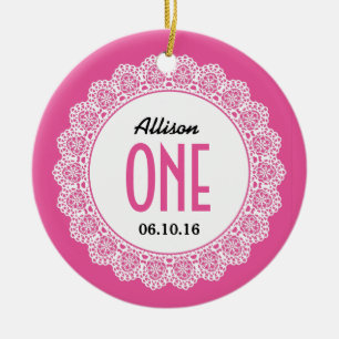 Ornement En Céramique Ęr rose de souvenir de l'anniversaire du bébé a