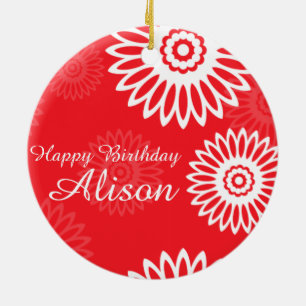 Ornement En Céramique Été Fleurs rouges Joyeux Anniversaire Nom de l'orn