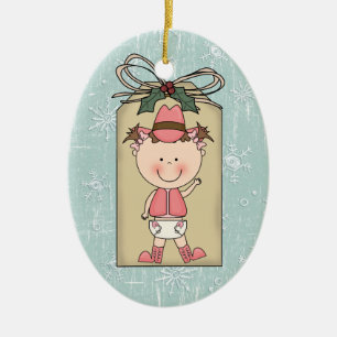 Ornement En Céramique Étiquette de cadeau de cow-girl d'enfant d'enfant