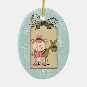Ornement En Céramique Étiquette de cadeau de poney de cow-girl d'enfant