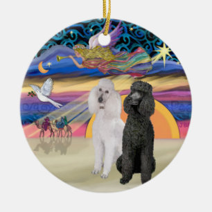 Ornement En Céramique Étoile de Noël - Deux Poodles Standards (Blanc+Noi