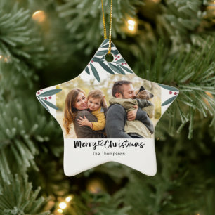 Ornement En Céramique Étoile de photo de Noël joyeux Famille personnal