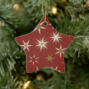 Ornement En Céramique Etoiles de Noël Gold Geo - sur motif rouge.