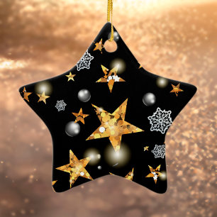 Ornement En Céramique Etoiles métalliques noires d'or moderne Joyeux Noë