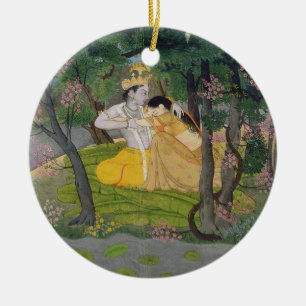 Ornement En Céramique Étreinte de Radha et de Krishna dans un verger de