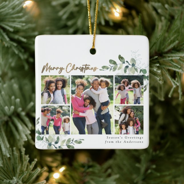 Ornement En Céramique Eucalyptus Photo Gold Foil Joyeux Noël (Arbre)