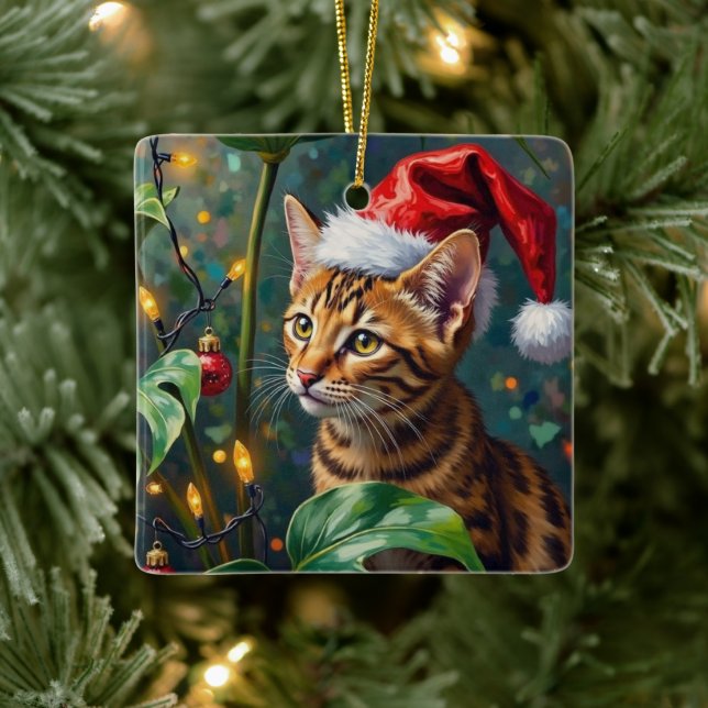 Ornement En Céramique Exotic Bengal Cat Jungle Christmas Playtime Art (Arbre)