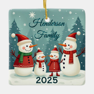 Ornement En Céramique Famille de bonhomme de neige personnalisée de quat