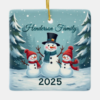 Ornement En Céramique Famille de bonhomme de neige personnalisée de troi