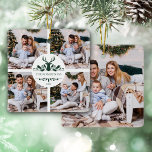 Ornement En Céramique Famille de Noël moderne 5 Collage photo<br><div class="desc">Cet ornement de Noël moderne et personnalisé présente 4 photos sur le devant et une sur le dos,  avec des bois de cerfs et des feuilles saints encadrant le nom et l'année sur le devant.</div>