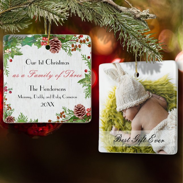 Ornement En Céramique Famille de photo personnalisée rustique 3 1er Noël (Créateur téléchargé)