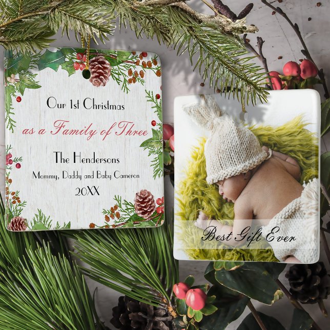 Ornement En Céramique Famille de photo personnalisée rustique 3 1er Noël (Créateur téléchargé)